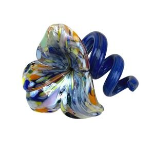 MURANO Style Hand Blown Art Glass Flower Trumpet Multi Color Blue 4"